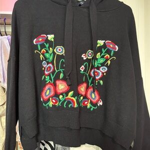 Zara Black Hoodie with Colorful Embroidered Floral Design